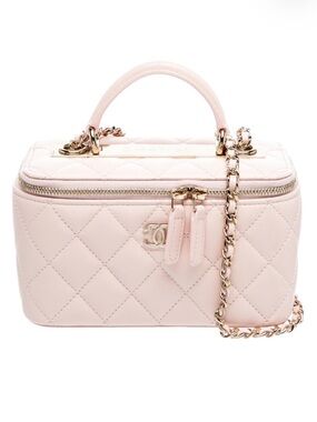 CHANEL Pale Pink Quilted Vanity Case with Gold Chain